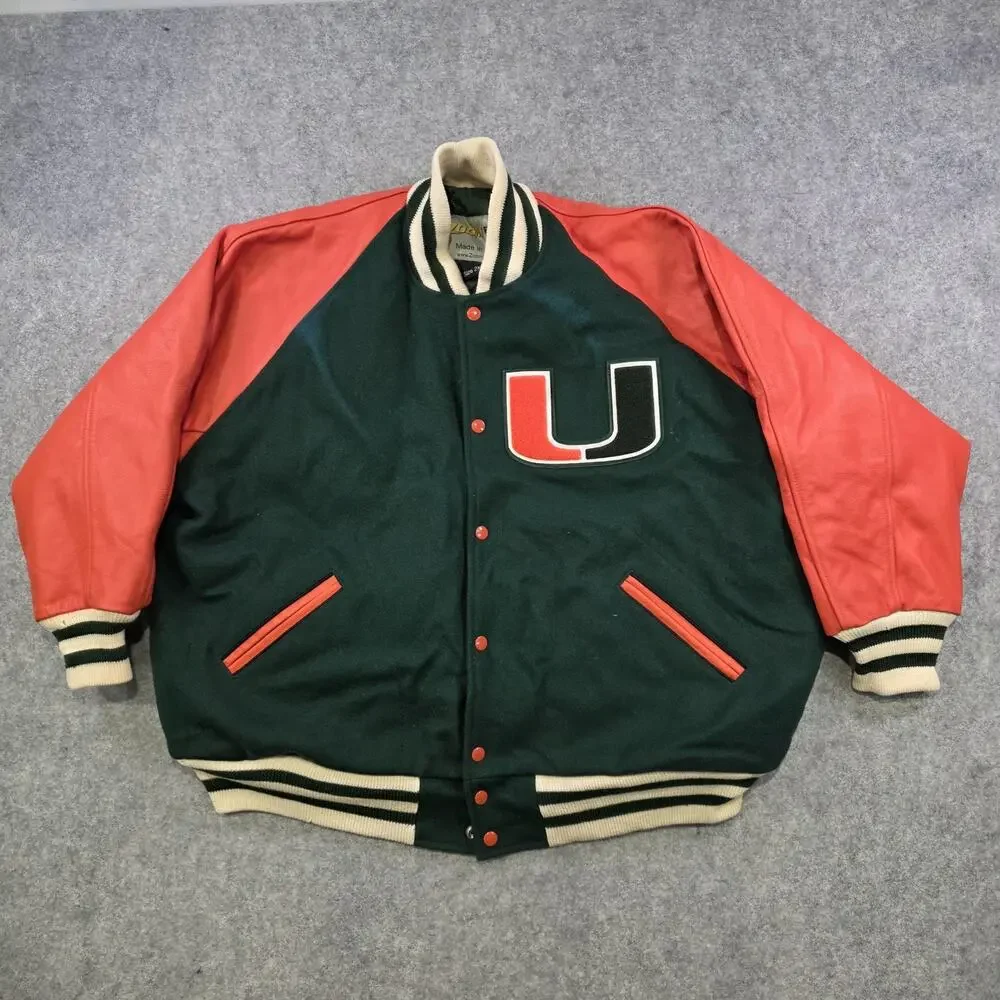 Miami Hurricanes Varsity Jacket Mens 2XL Green Orange NCAA Football Zoom ID Wool